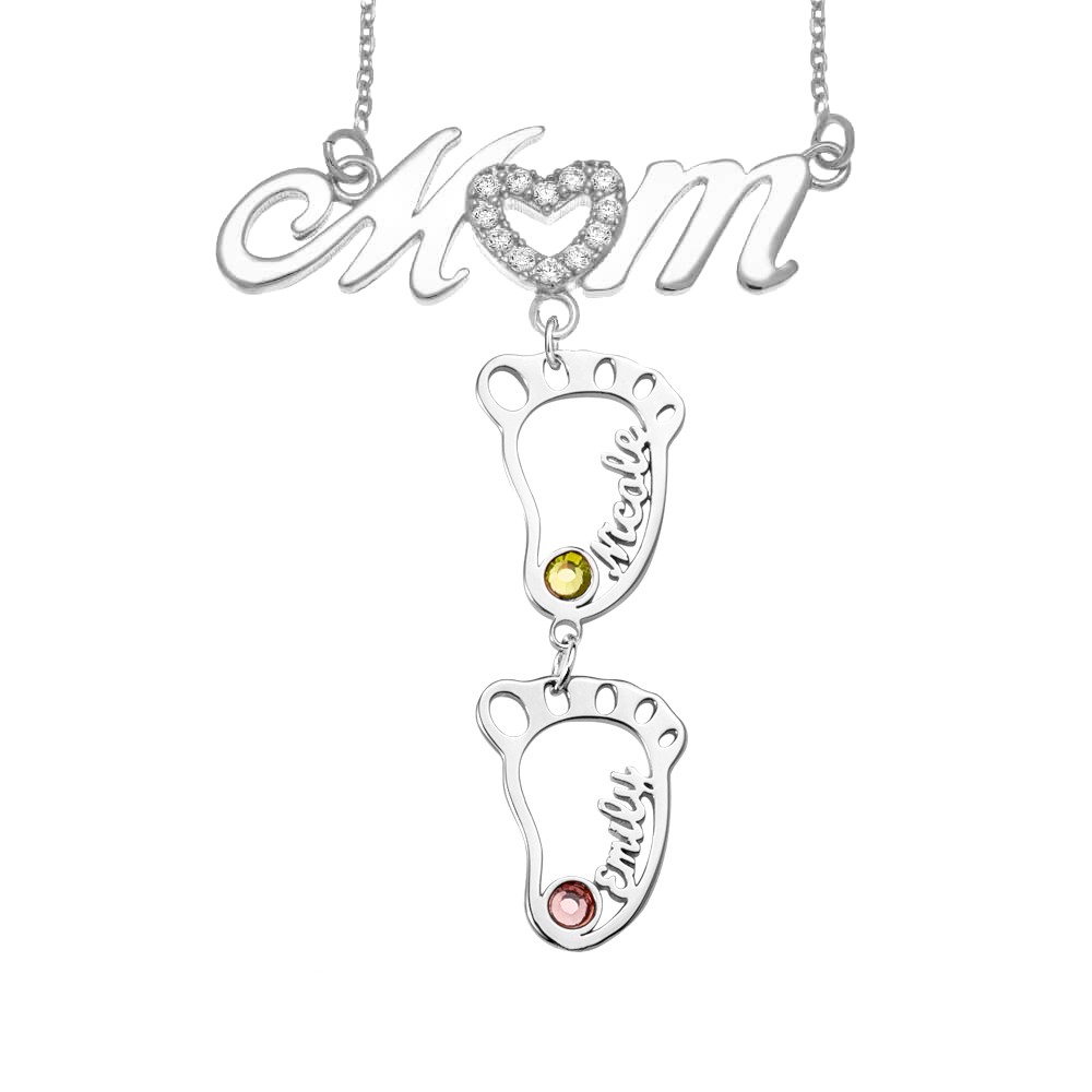 Silberne personalisierte 1-10 hohle BabyFeet Name Mama Halskette mit Geburtssteinen