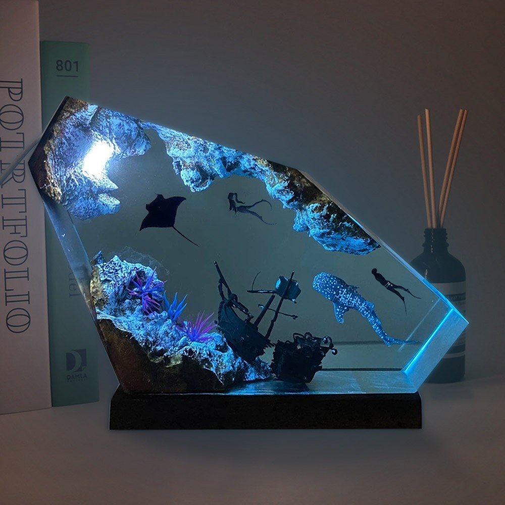 Harz-Ozean-Holz-Lampe, Walhai, Mantarochen und Paar Taucher, Heimdekoration, Weihnachtsgeschenk