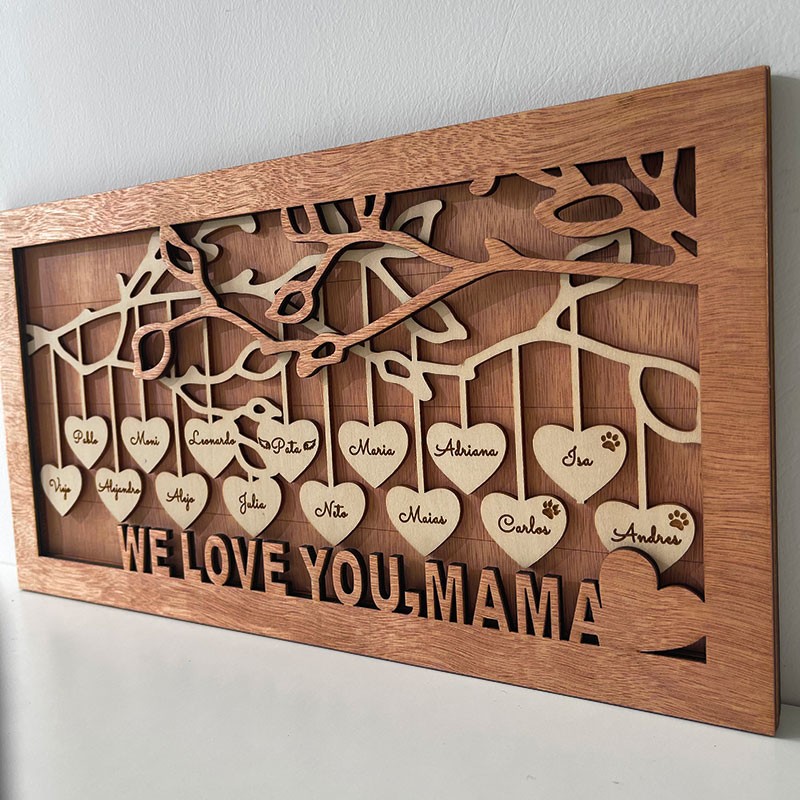 Personalisiertes Stammbaum-Holzschild mit Namensgravur, Heimdekoration für den Muttertag