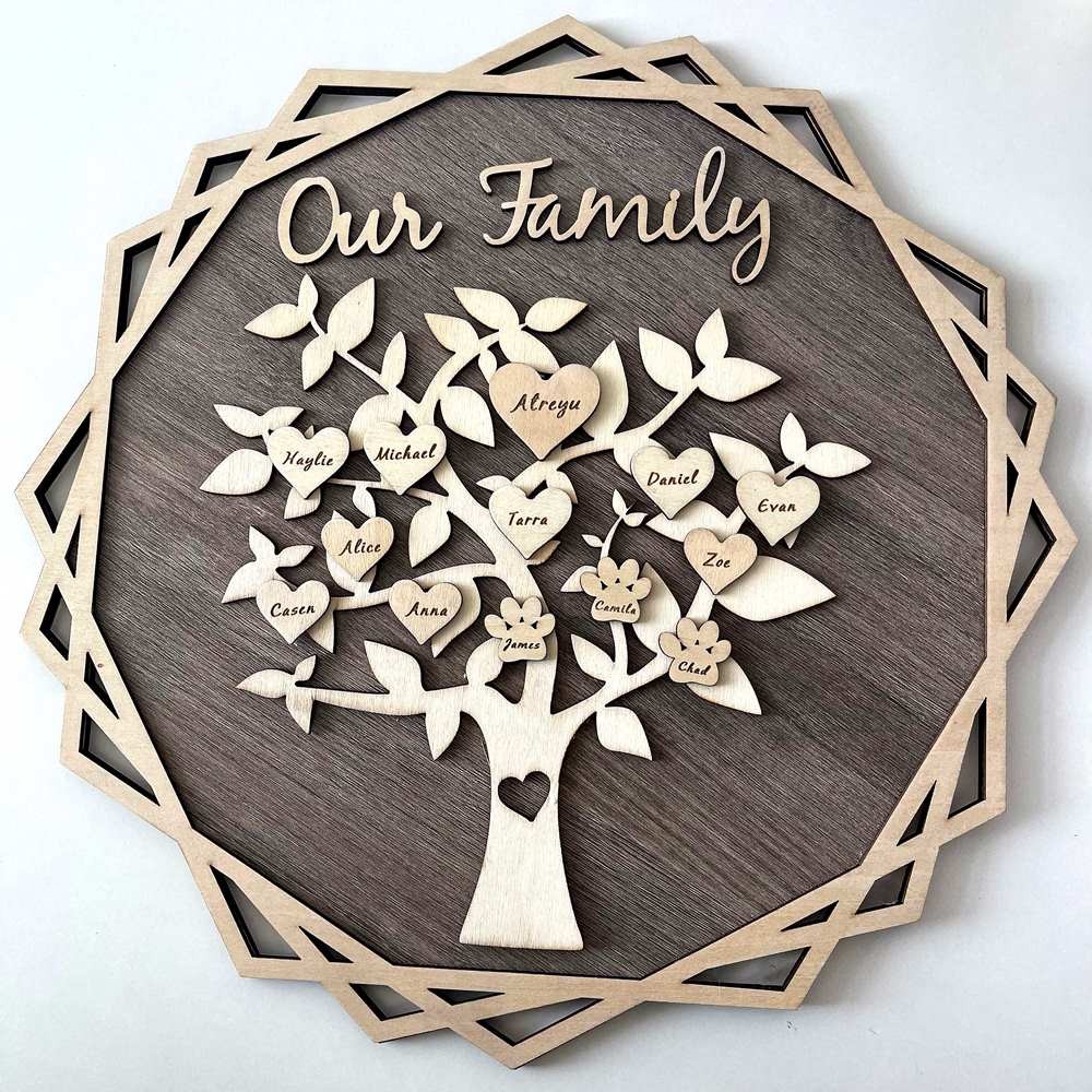 Personalisiertes Stammbaum-Holzschild mit Namensgravur, Wanddekoration für Zuhause