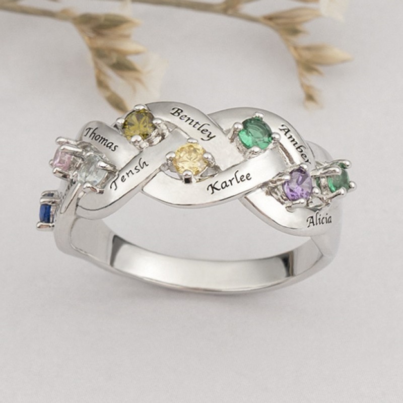 S925 Silber personalisierter gravierter 1-8 Familiennamen und Geburtsstein Ring für Muttertagsgeschenke
