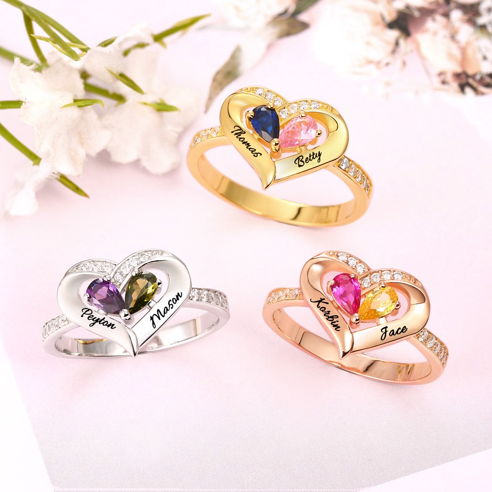 S925 Sterling Silber personalisierter Geburtsstein Paar 2 Namen Ring für Sie
