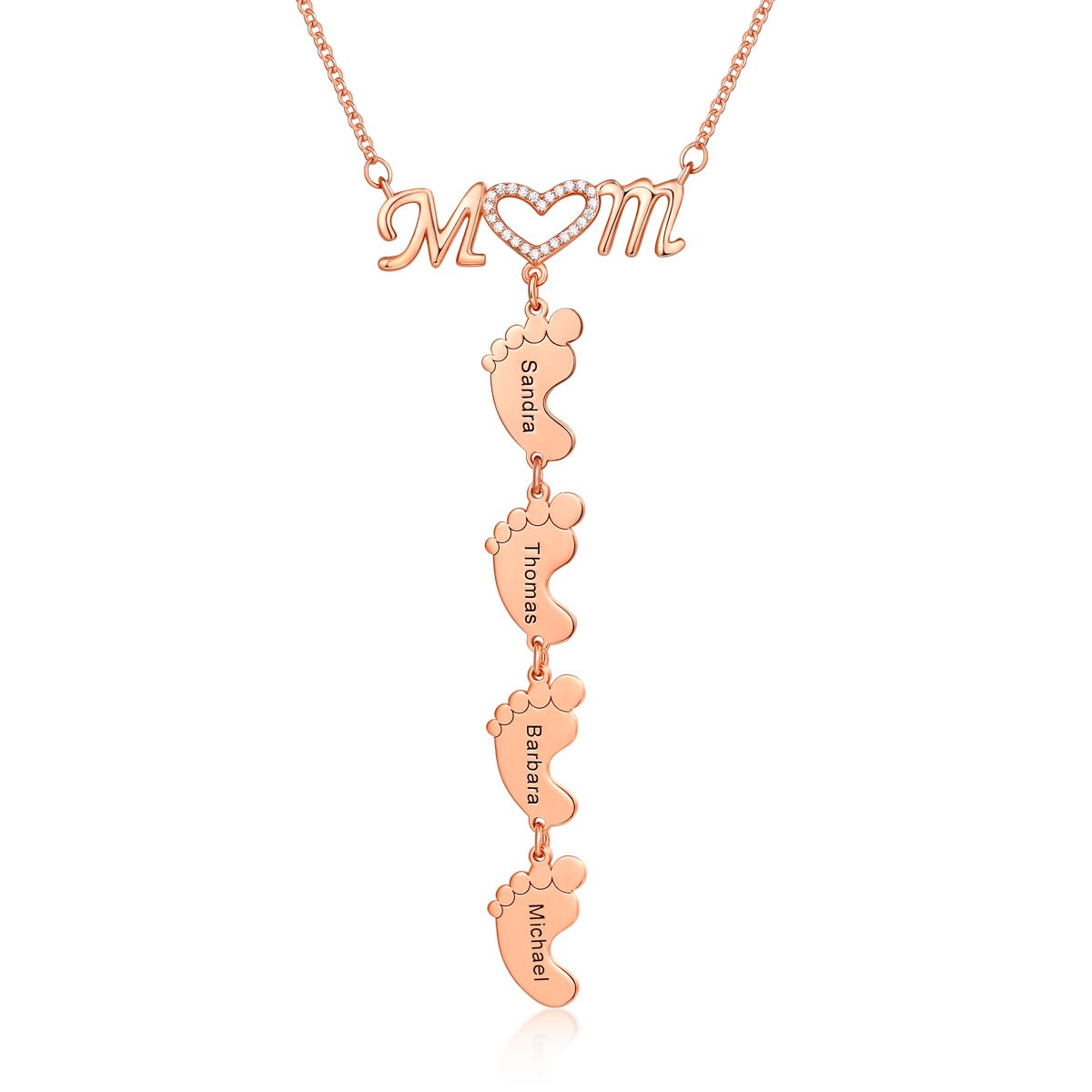 18 Karat Rosévergoldung personalisierte Mama Herz 1-8 Baby Füße Charms gravierte Namenskette