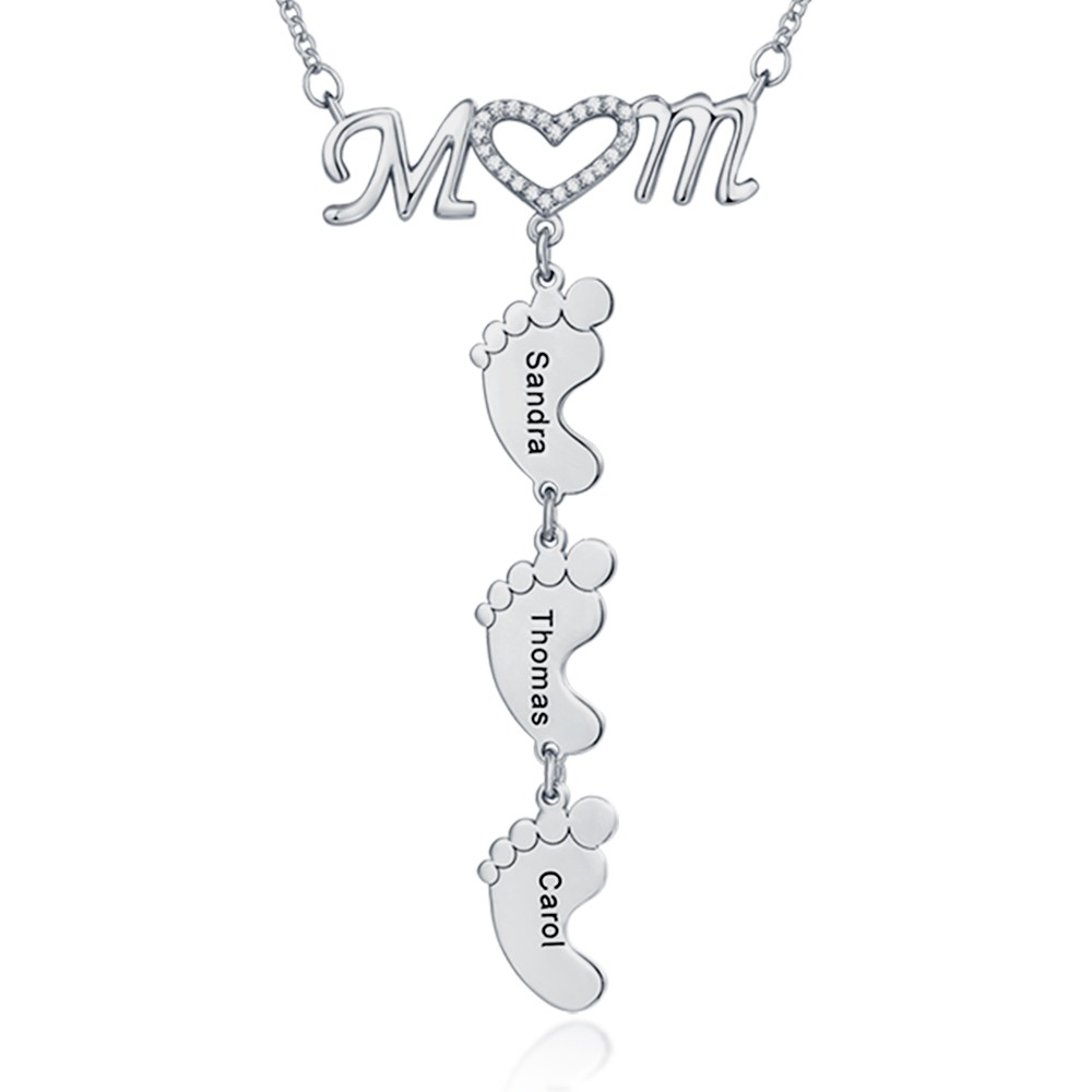 Silberne personalisierte Mama Herz 1-8 Baby Füße Charms gravierte Namenskette