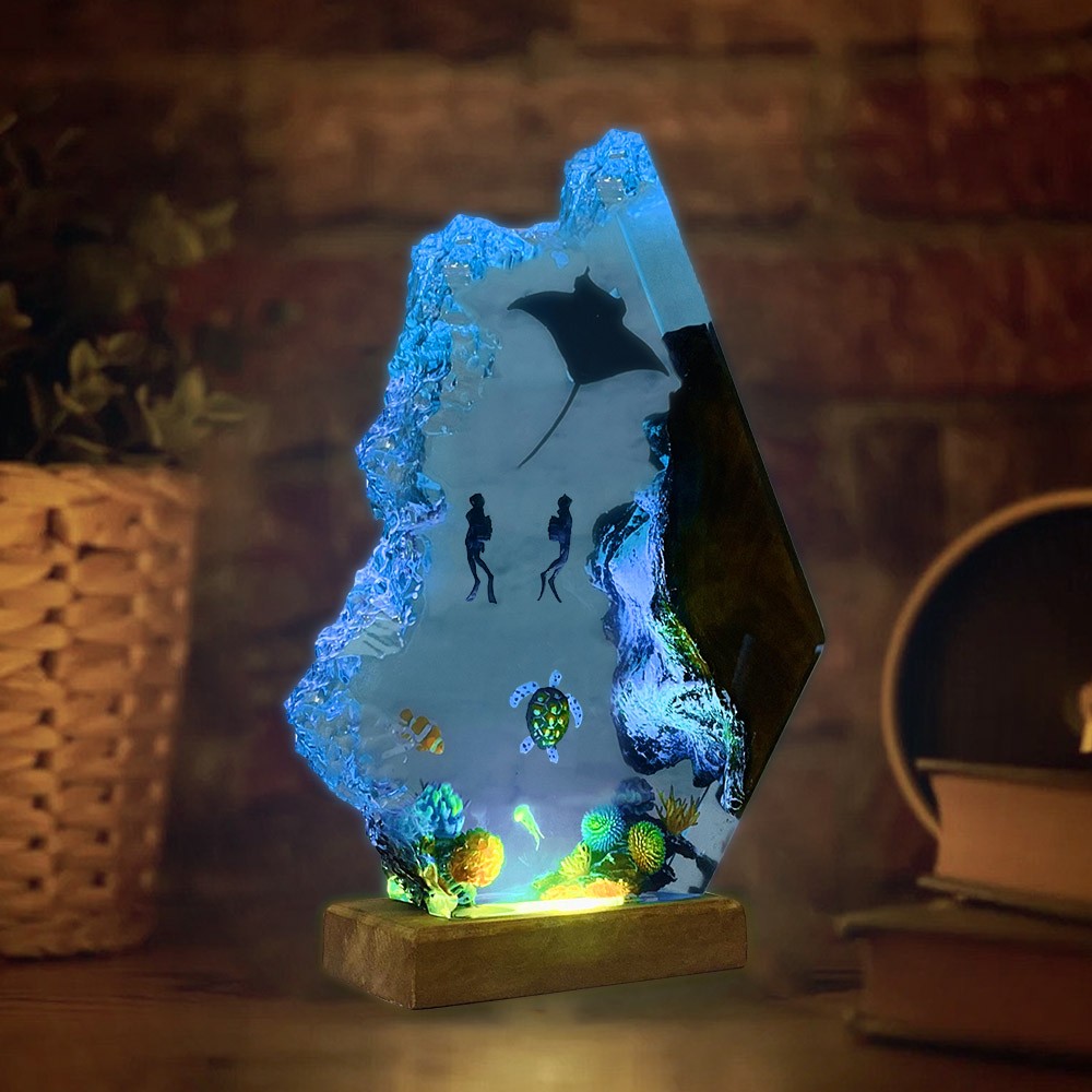 Harz-Ozean-Holz-Lampe, Manta-Rochen und Paar-Taucher, Heimdekoration, Weihnachtsgeschenk