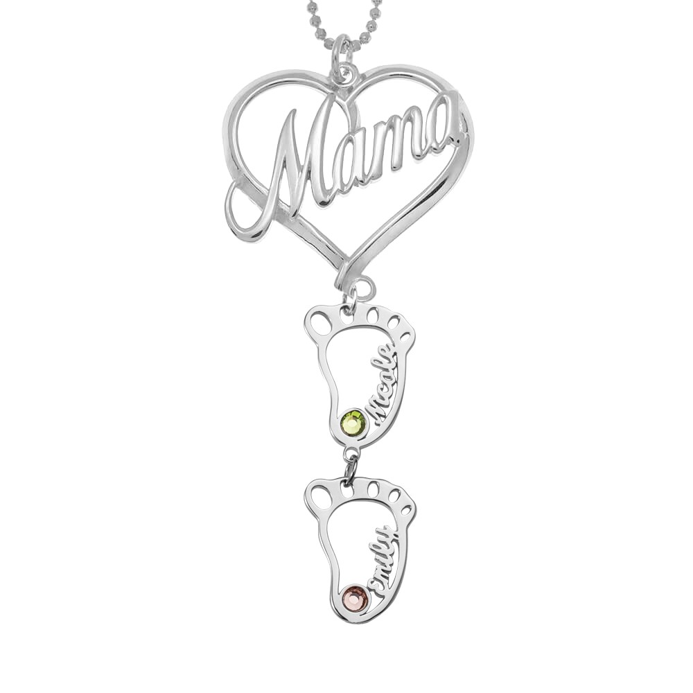 Silberne personalisierte Mama Herz Anhänger Geburtssteine ​​Namenskette mit 1-10 hohlen BabyFeet Charms