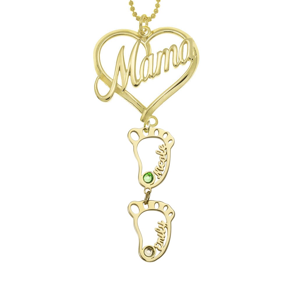 Personalisierte Mama Herz Anhänger Geburtssteine ​​Namenskette mit 1-10 hohlen BabyFeet Charms