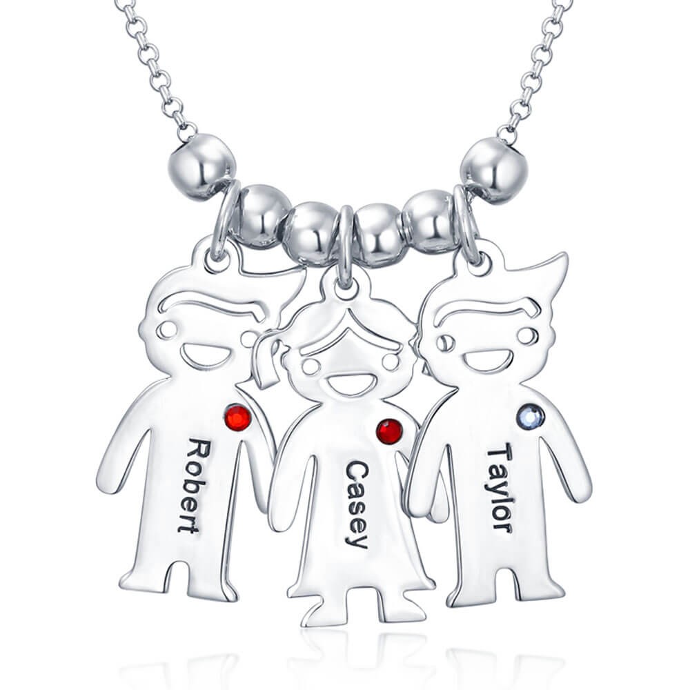 Silberne personalisierte Familie 1-10 Kinder Charms Name gravierte Halskette mit Geburtsstein