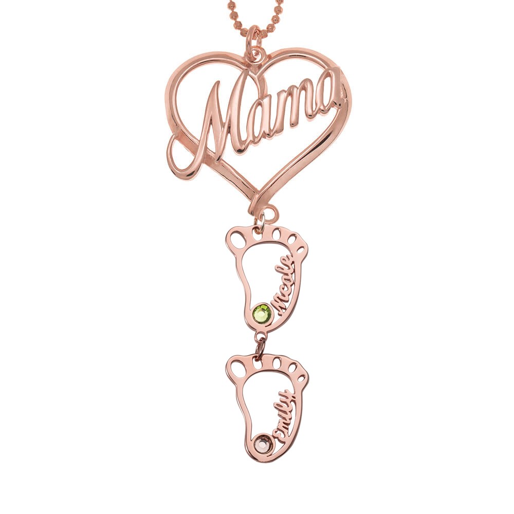 Personalisierte Mama Herz Anhänger Geburtssteine ​​Namenskette mit 1-10 hohlen BabyFeet Charms