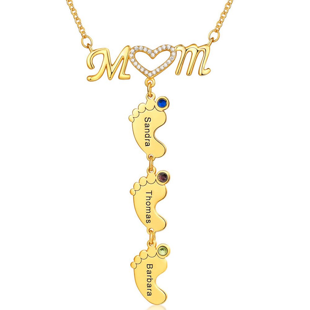 Personalisierte Mama BabyFeet Name Birthstones Halskette mit 1-10 Charms-Anhängern