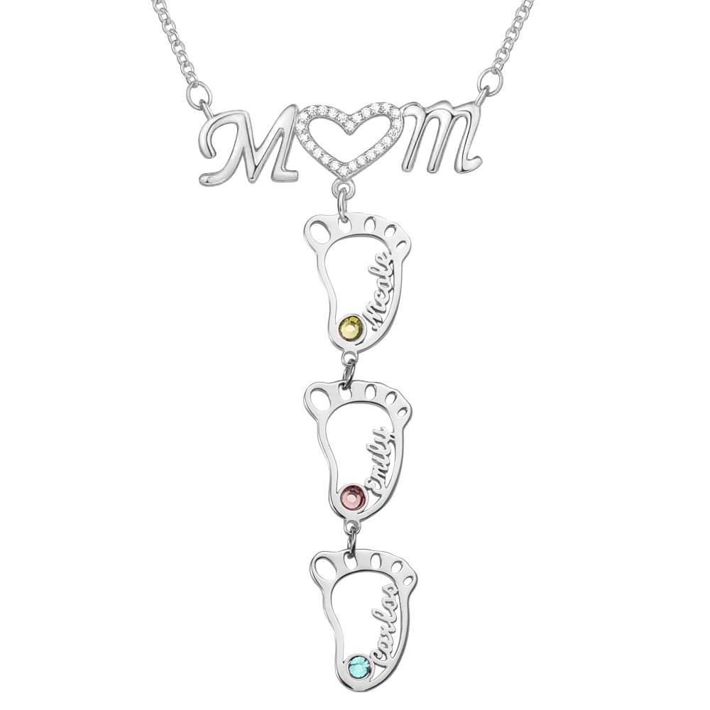 Silberne personalisierte 1-10 hohle BabyFeet Name Mama Halskette mit Geburtssteinen