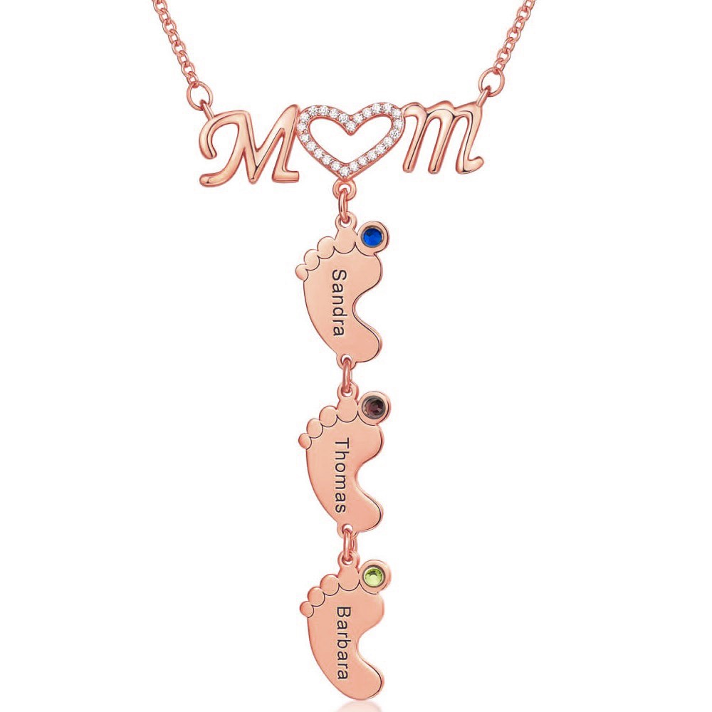 Personalisierte Mama BabyFeet Name Birthstones Halskette mit 1-10 Charms-Anhängern
