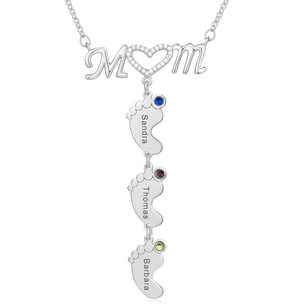 Silberne personalisierte Mama BabyFeet Name Birthstones Halskette mit 1-10 Charms-Anhängern
