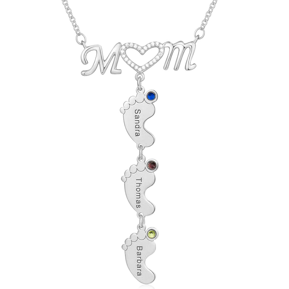 Silberne personalisierte Mama BabyFeet Name Birthstones Halskette mit 1-10 Charms-Anhängern