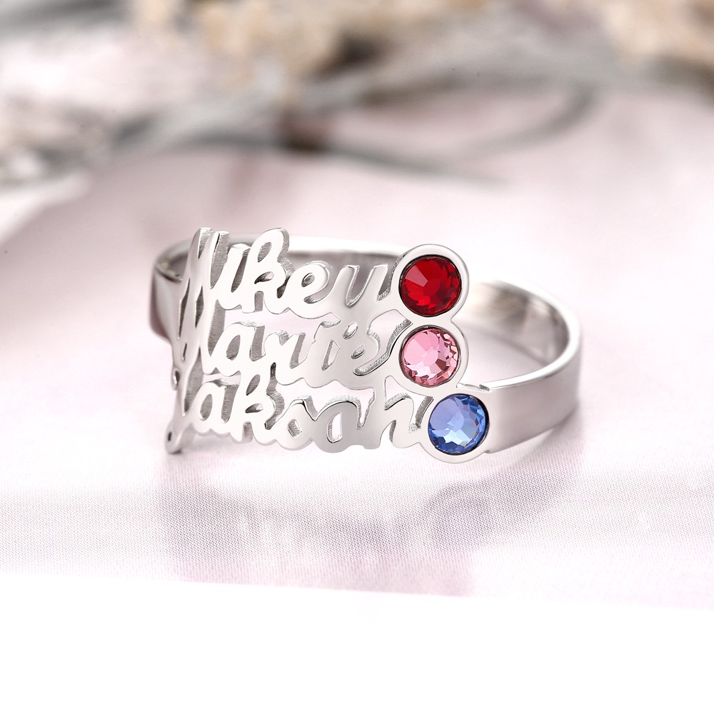 S925 Sterling Silber personalisierter Namensring mit Geburtsstein