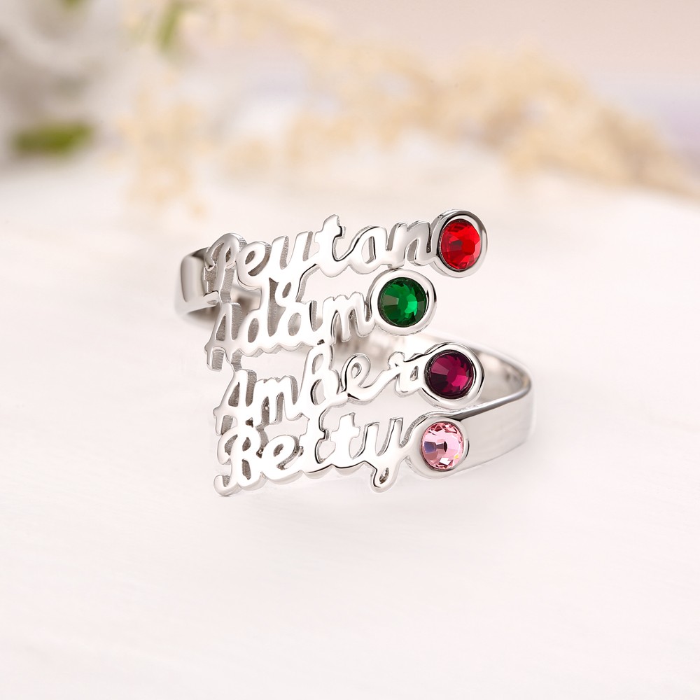 S925 Sterling Silber personalisierter Namensring mit Geburtsstein