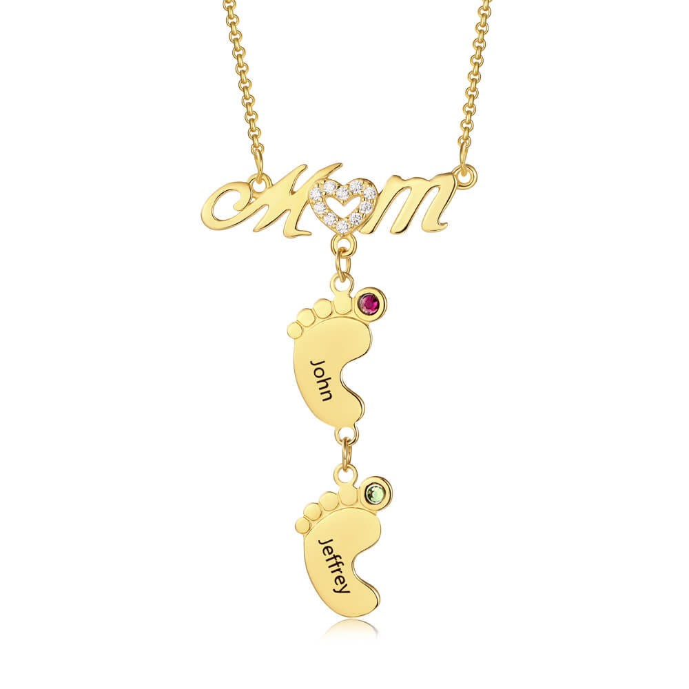 Personalisierte BabyFeet Mama Namenskette mit Geburtssteinen 1-10 Charms Anhänger