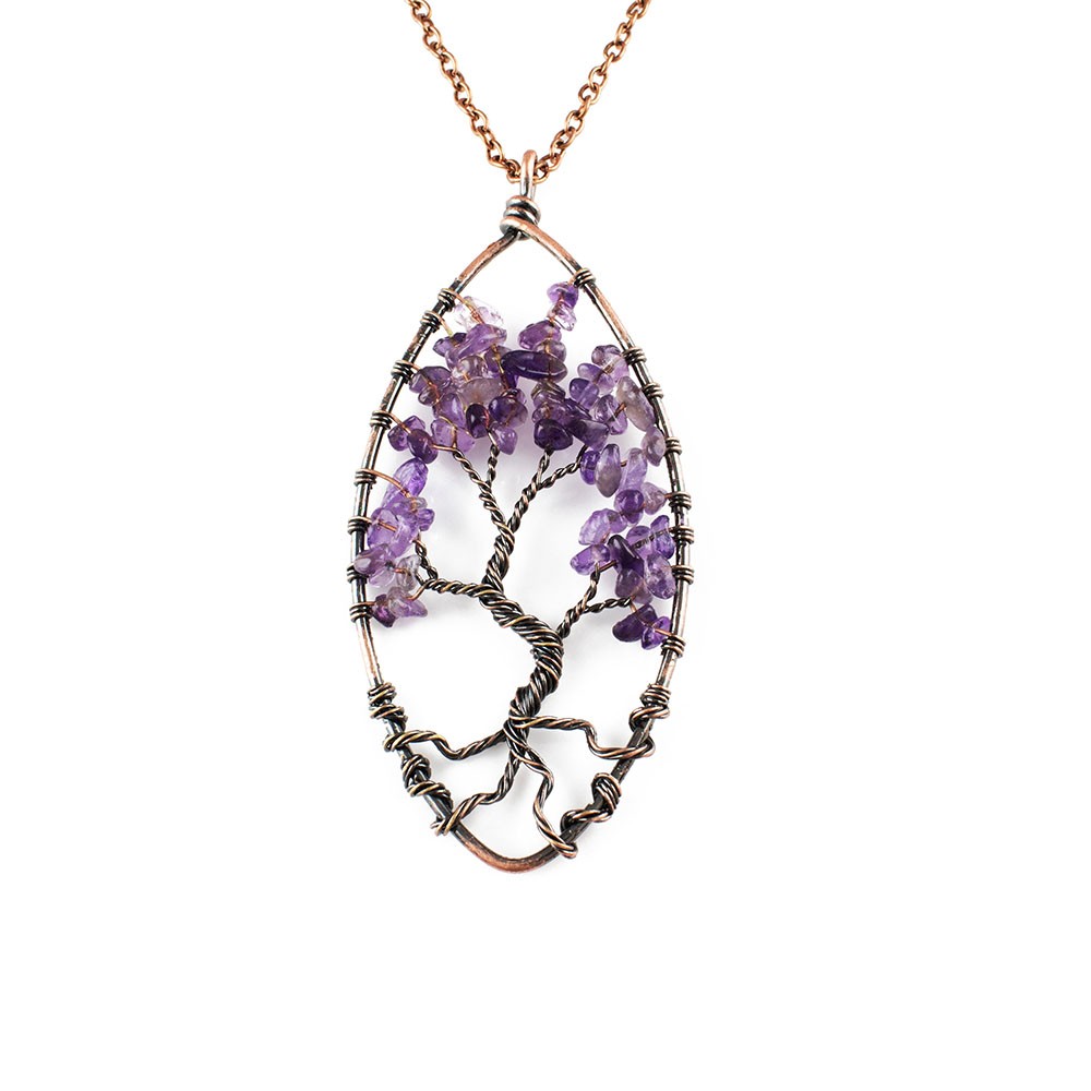 Ovale Lebensbaum Halskette Amethyst- Halsketten für Frauen Lebensbaum Halskette Kupfer
