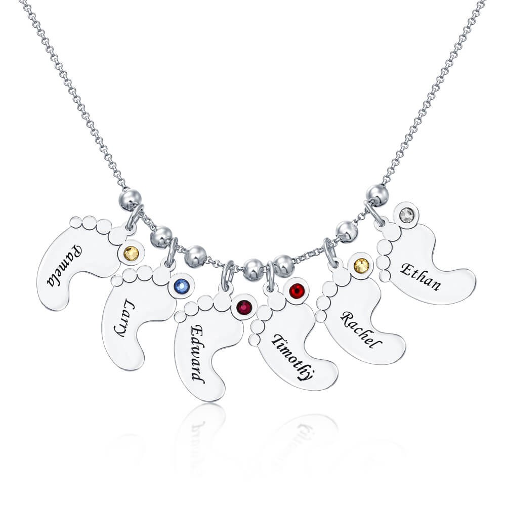Silberne personalisierte 1-6 Babyfüße gravierbare Charms Namenskette mit Geburtsstein