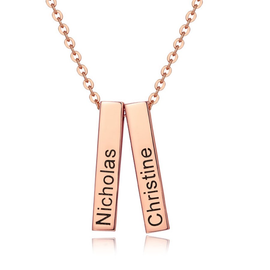 18 Karat Rosévergoldung personalisierte vertikale kurze 3D gravierte Bar Namenskette