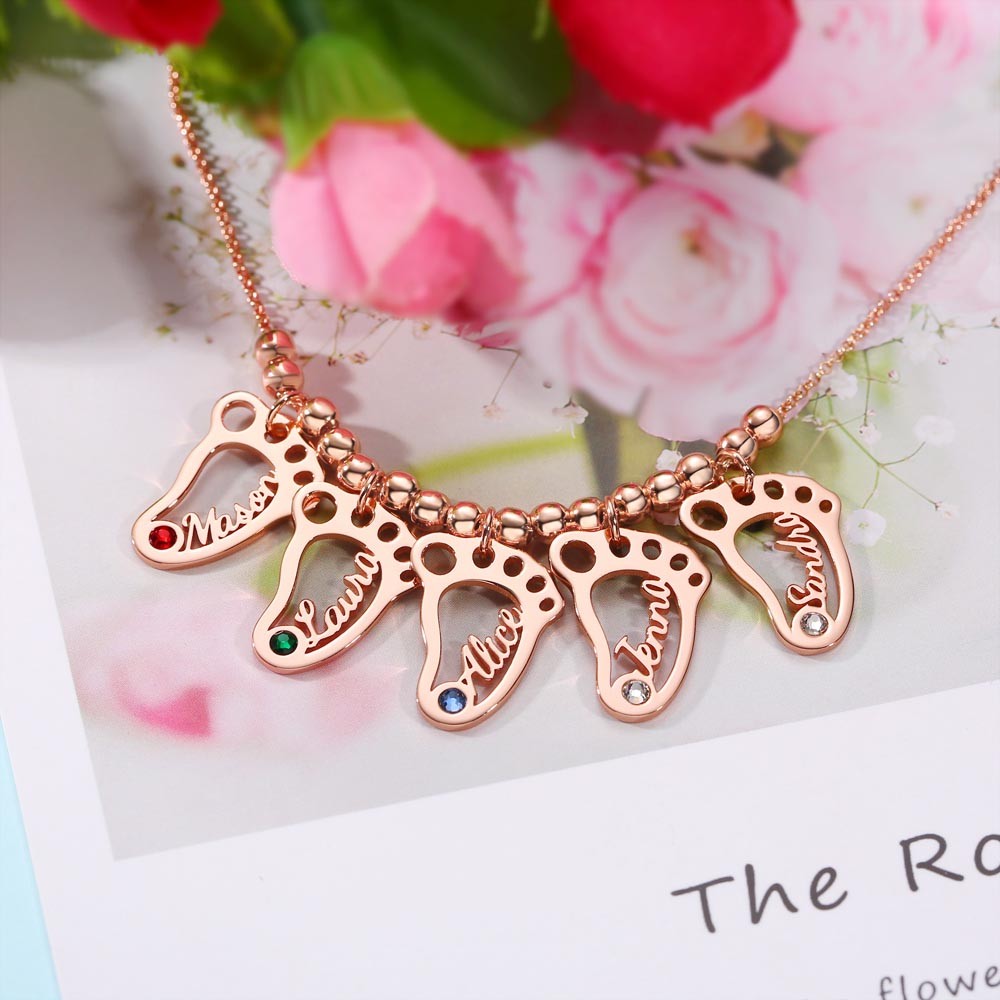 Personalisierte 1-10 hohle BabyFeet Charms Namenskette mit Geburtsstein