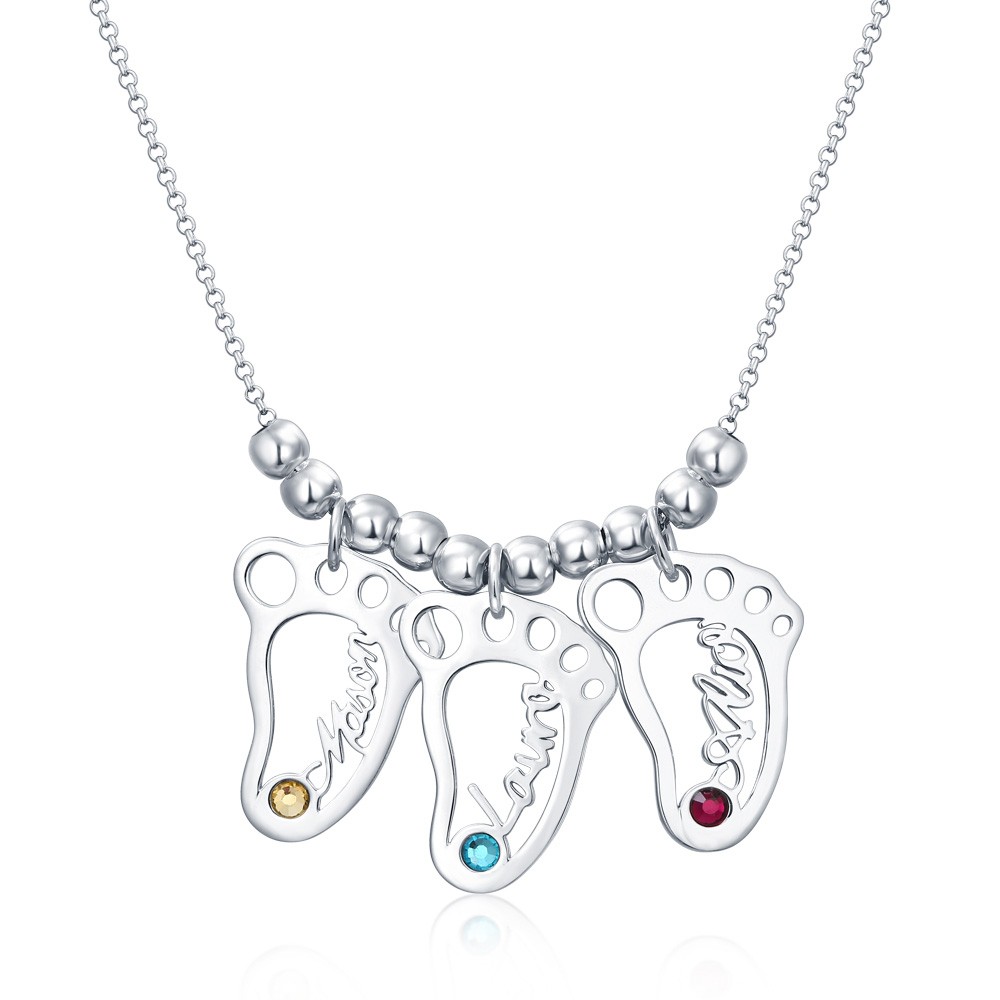 Silberne personalisierte 1-10 hohle BabyFeet Charms Namenskette mit Geburtsstein