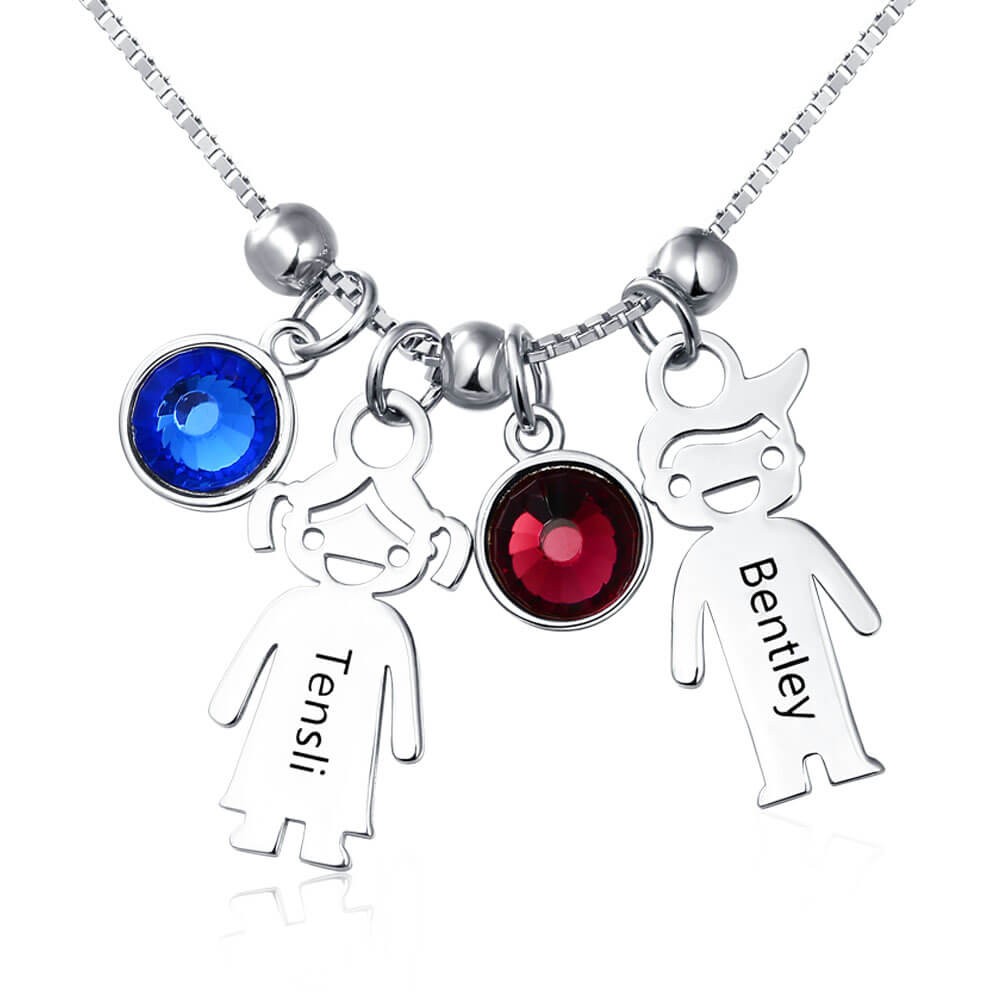 Silber Personalisierte 1-12 Kinder Charms Anhänger Namen Gravierte Halskette Mit Geburtsstein