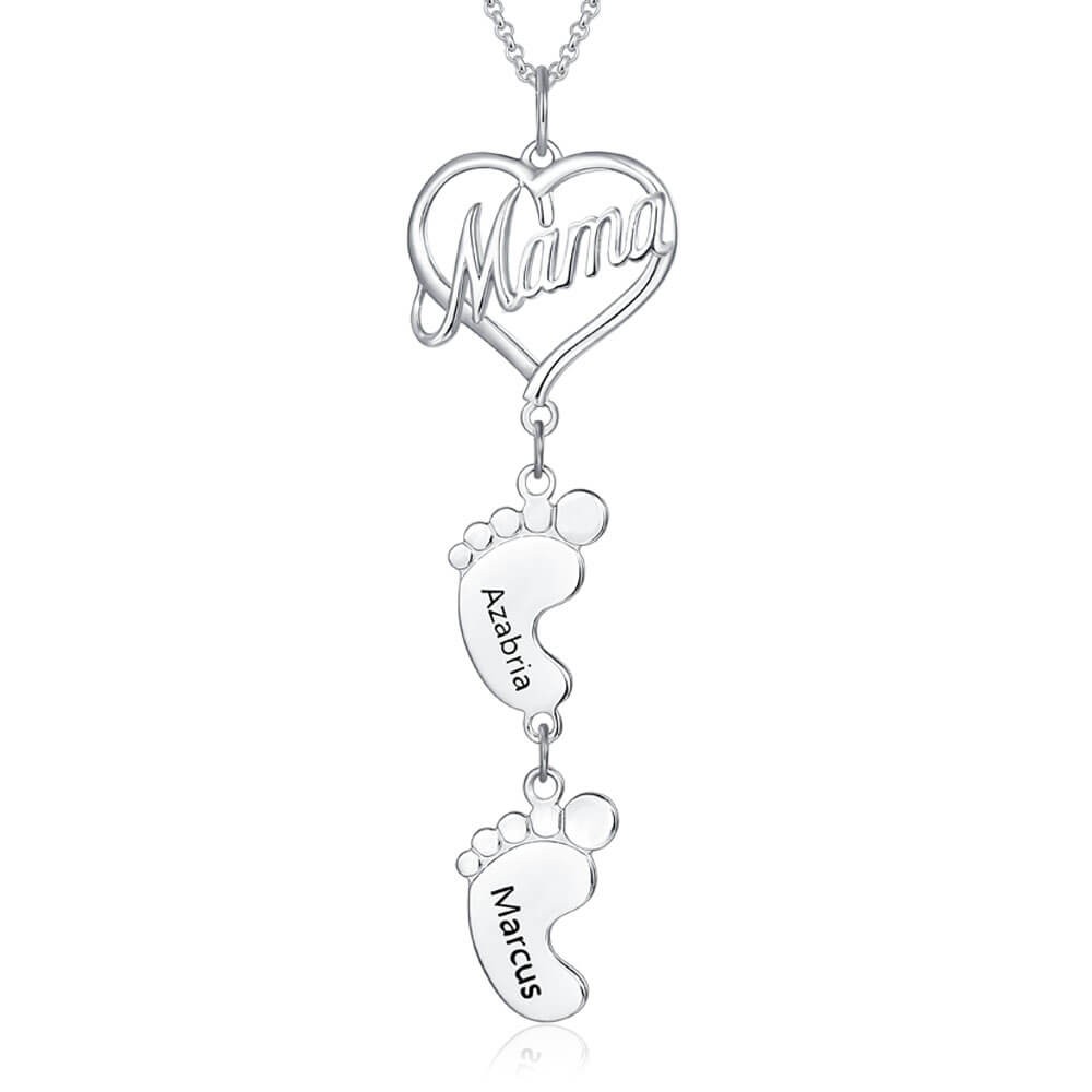 Silberne personalisierte Love MaMa Heart 1-10 Baby Feet Charms Namenskette
