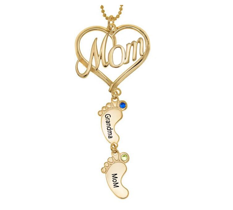 Personalisierte MOM Herz Baby Füße Anhänger Geburtsstein Namenskette mit 1-10 Charms
