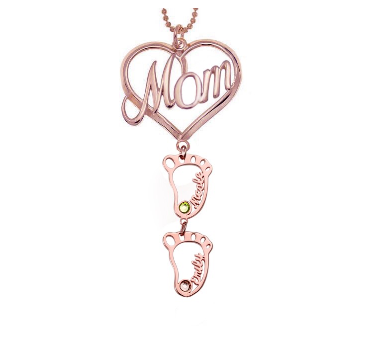Personalisierte MOM Herz Anhänger Geburtssteine ​​Namenskette mit 1-10 hohlen BabyFeet Charms