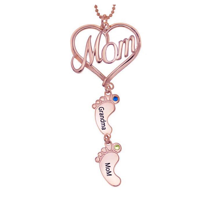 Personalisierte MOM Herz Baby Füße Anhänger Geburtsstein Namenskette mit 1-10 Charms