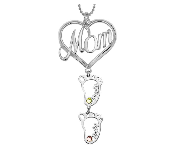 Silberne personalisierte MOM Herz Anhänger Geburtssteine ​​Namenskette mit 1-10 hohlen BabyFeet Charms