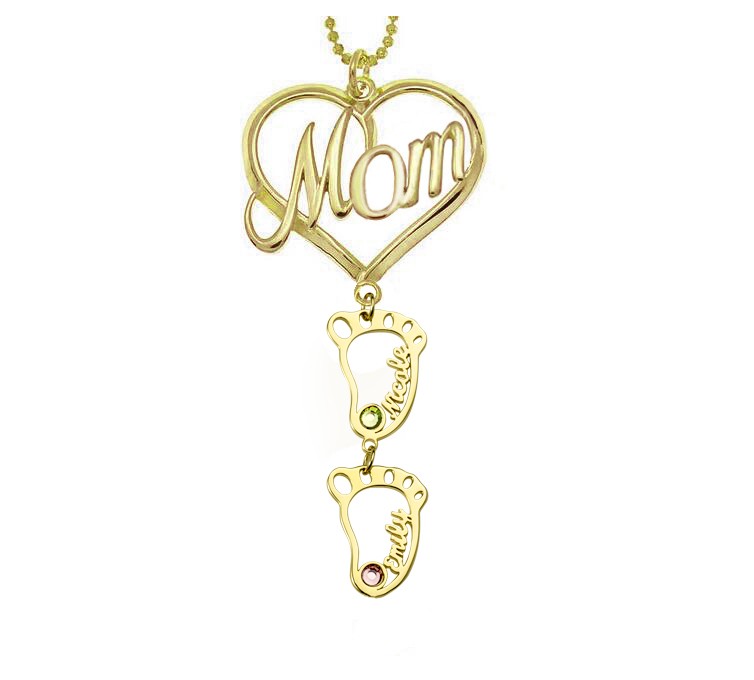 Personalisierte MOM Herz Anhänger Geburtssteine ​​Namenskette mit 1-10 hohlen BabyFeet Charms