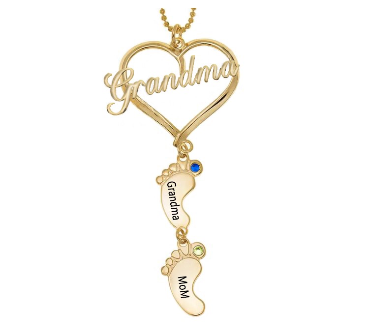 Personalisierte Oma Herz Baby Füße Anhänger Geburtsstein Namenskette mit 1-10 Charms