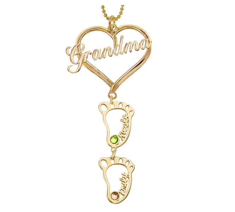 Personalisierte Oma Herz Anhänger Geburtssteine ​​Namenskette mit 1-10 hohlen BabyFeet Charms
