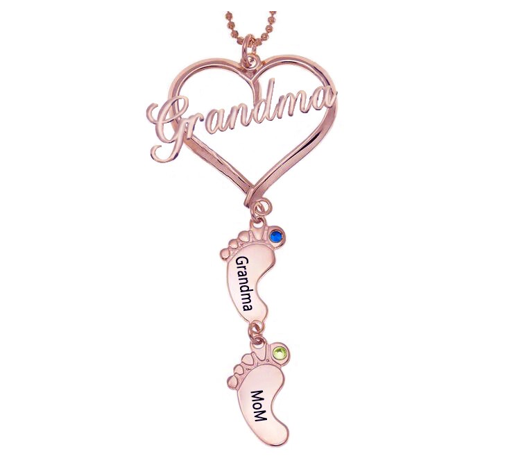 Personalisierte Oma Herz Baby Füße Anhänger Geburtsstein Namenskette mit 1-10 Charms