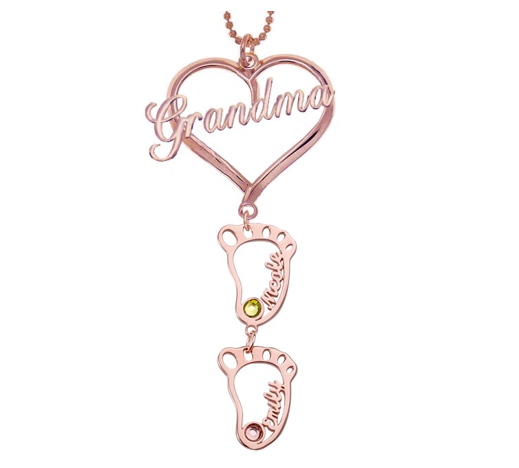 18K Rose Vergoldung Personalisierte Oma Herz Anhänger 1-10 Hohl BabyFeet Charm Geburtsstein Namenskette