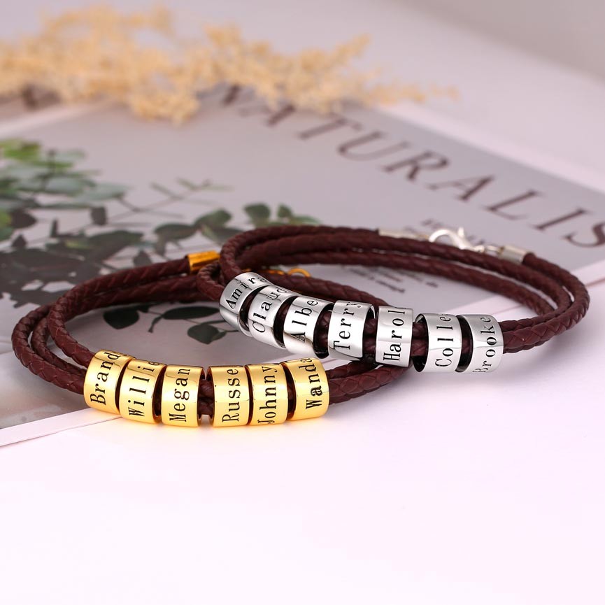 Personalisierte Perlen Gravur Name Lederarmbänder mit 1-10 Perlen Geschenke für Ihn