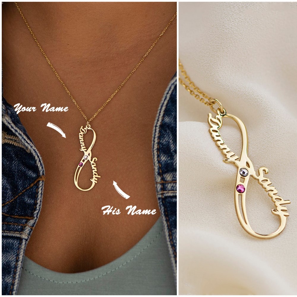Personalisierte Valentinstagsgeschenke Infinity 2 Names Halskette mit Geburtssteinen
