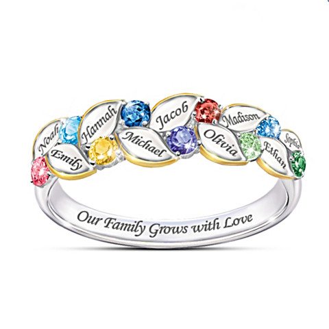 S925 Silber personalisierter Herz Geburtsstein Ring Familienring Geschenk mit 1-9 Namen