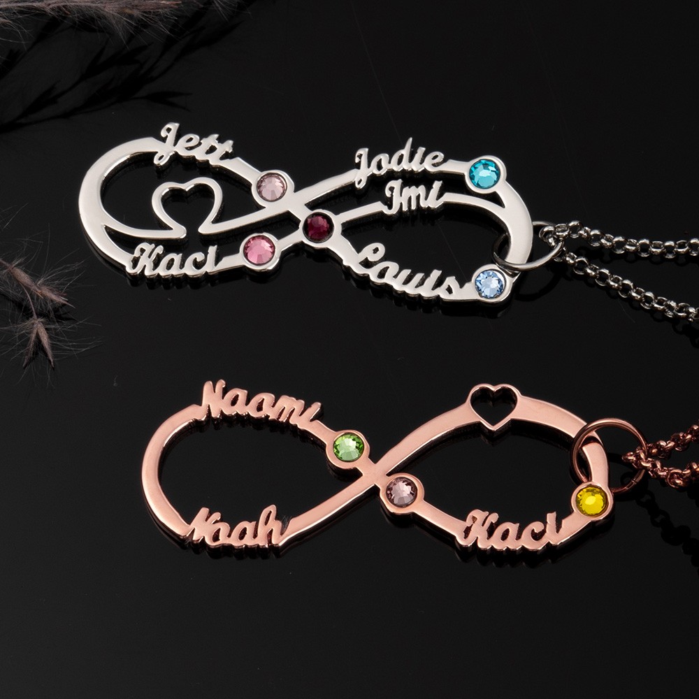 Personalisierte Unendlichkeitskette mit Namen und Geburtssteinen als Muttertagsgeschenk