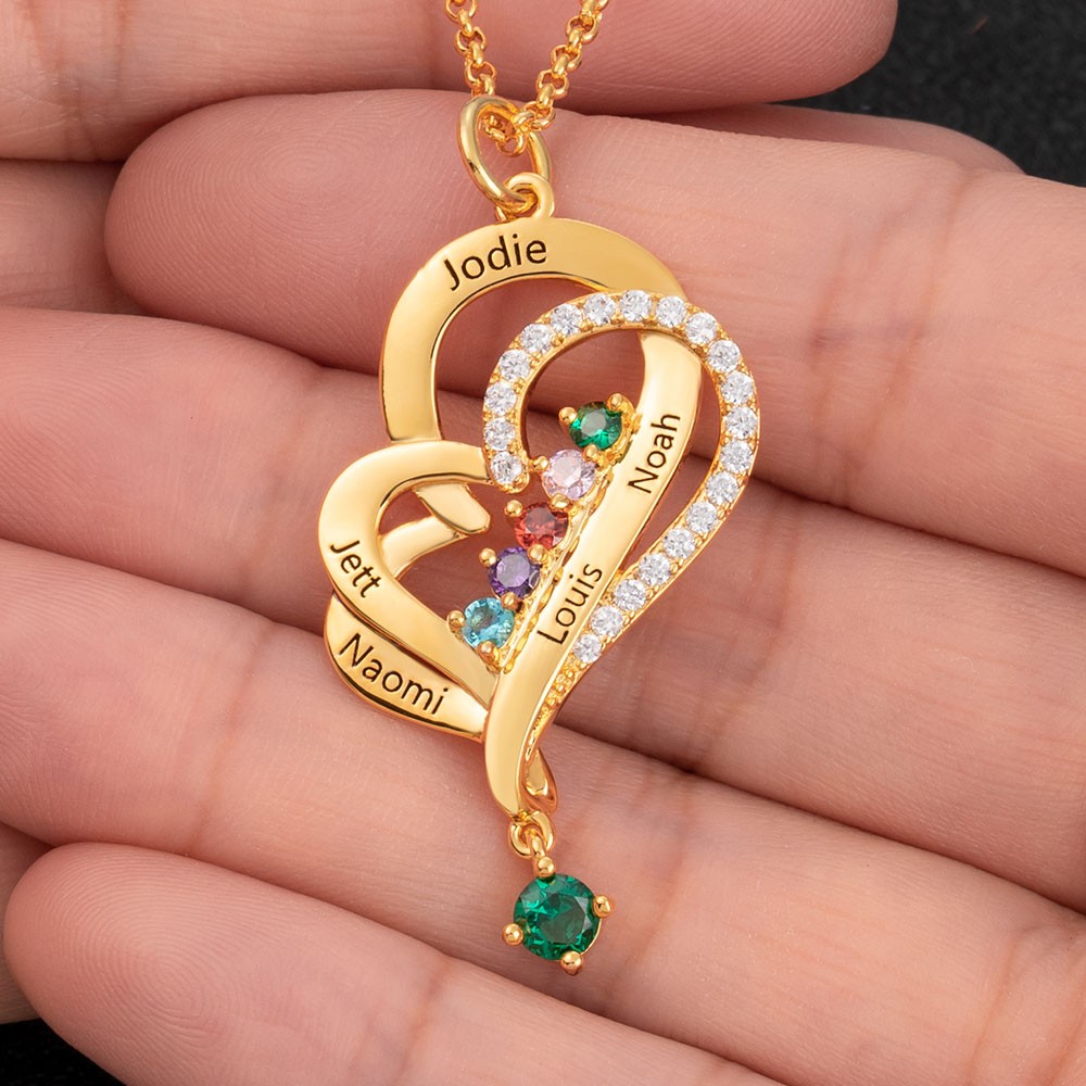 Personalisierte Herzkette mit Kindernamen und Geburtssteinen zum Muttertag