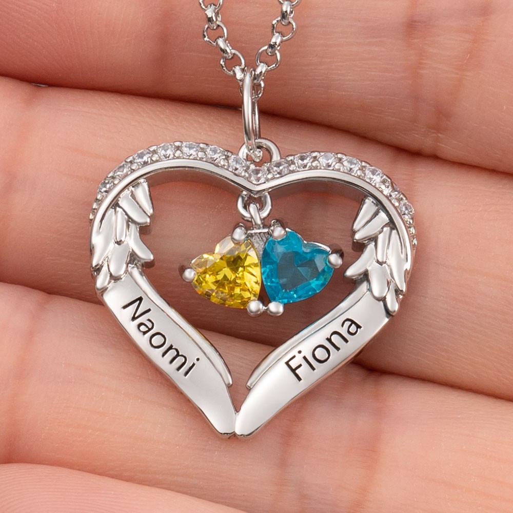Personalisierte Engelsflügel-Herz-Halskette mit 2 Vornamen und Geburtsstein als Valentinstagsgeschenk