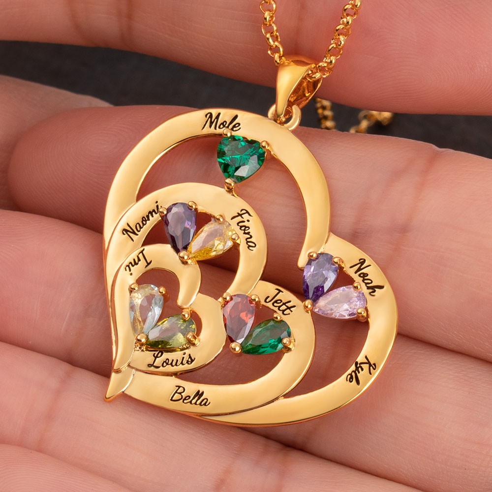 Personalisierte Herzkette mit 1–10 Namen und Geburtssteinen zum Muttertag