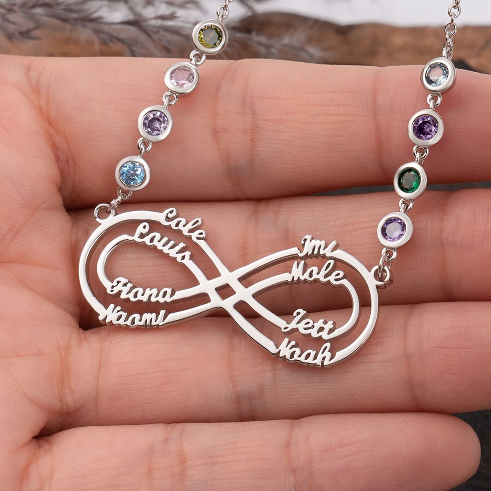 Personalisierte Infinity-Halskette mit 1–8 Namen und Geburtssteinen als Muttertagsgeschenk