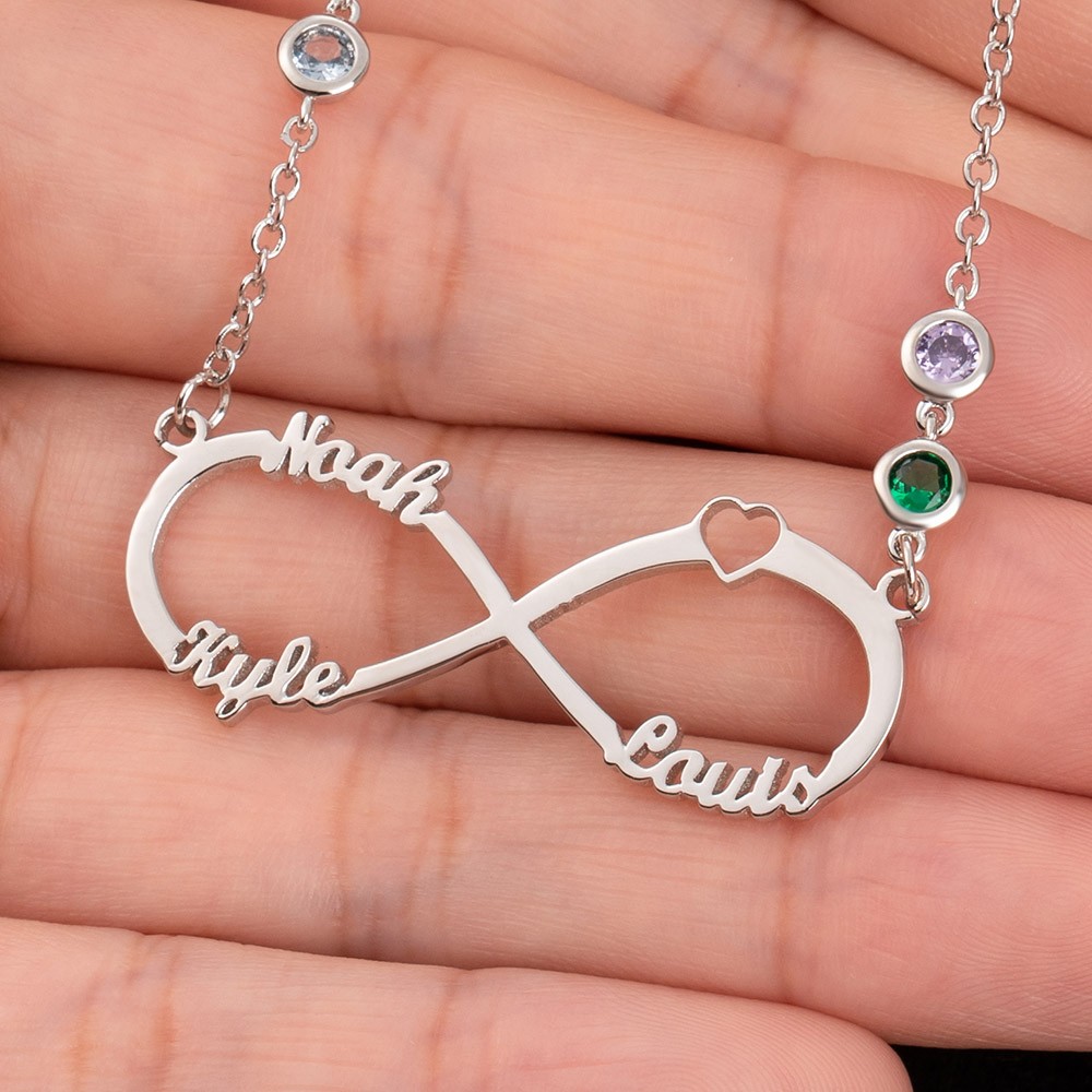 Personalisierte Infinity-Halskette mit 1–8 Namen und Geburtssteinen als Muttertagsgeschenk
