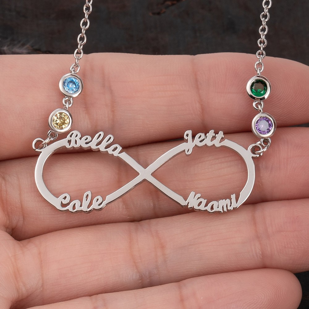 Personalisierte Infinity-Halskette mit 1–8 Namen und Geburtssteinen als Muttertagsgeschenk