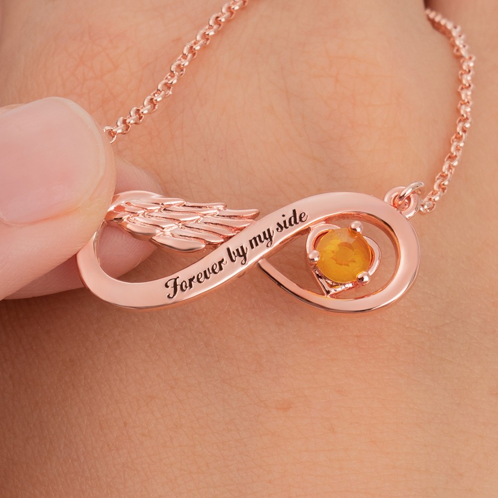 Personalisierte Infinity-Engelsflügel-Halskette mit Geburtsstein