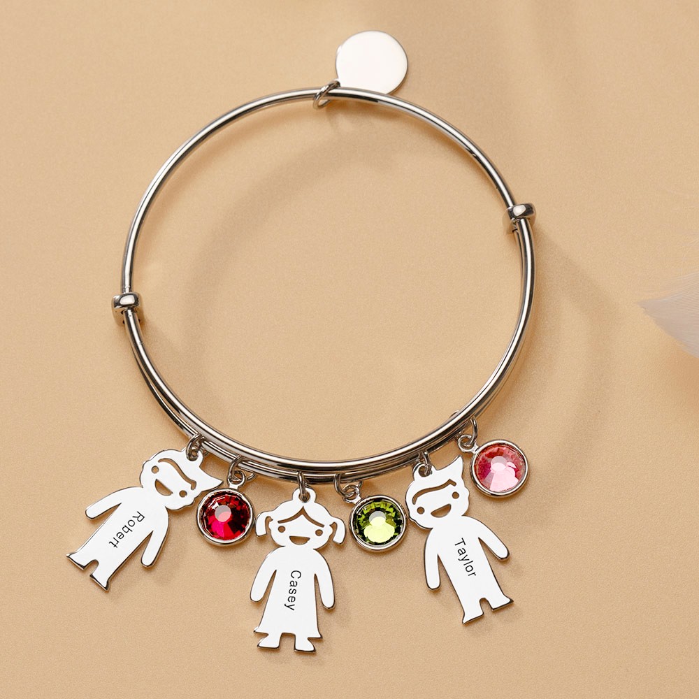 Silbernes benutzerdefiniertes 1-12 Charms Kinder graviertes Namensarmband Armreif mit Geburtsstein