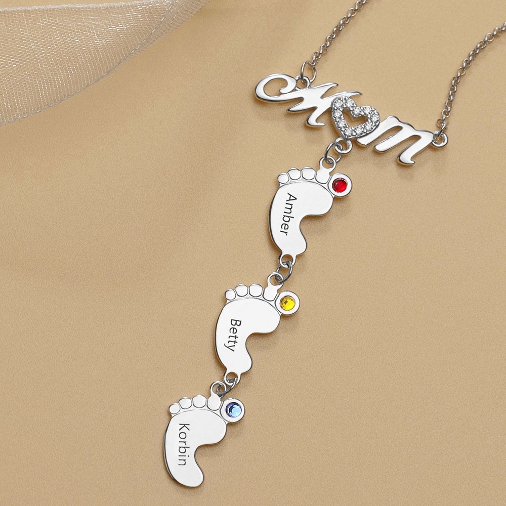 Silberne personalisierte BabyFeet Mama Namenskette mit Geburtssteinen 1-10 Charms Anhänger